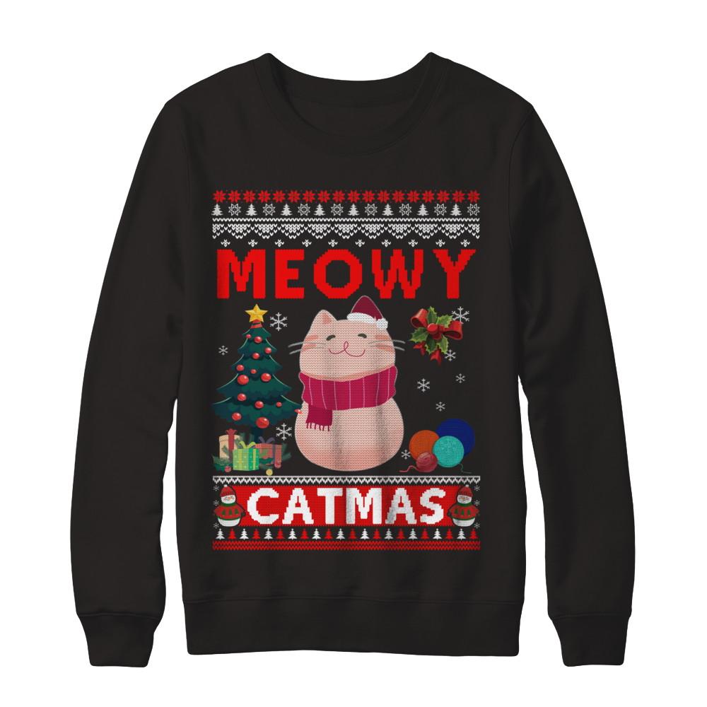 Meowy Catmas Ugly Sweater Cat Christmas-T-Shirt & Sweatshirt-Crewneck Sweatshirt-Black