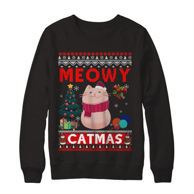 Meowy Catmas Ugly Sweater Cat Christmas-T-Shirt & Sweatshirt-Crewneck Sweatshirt-Black