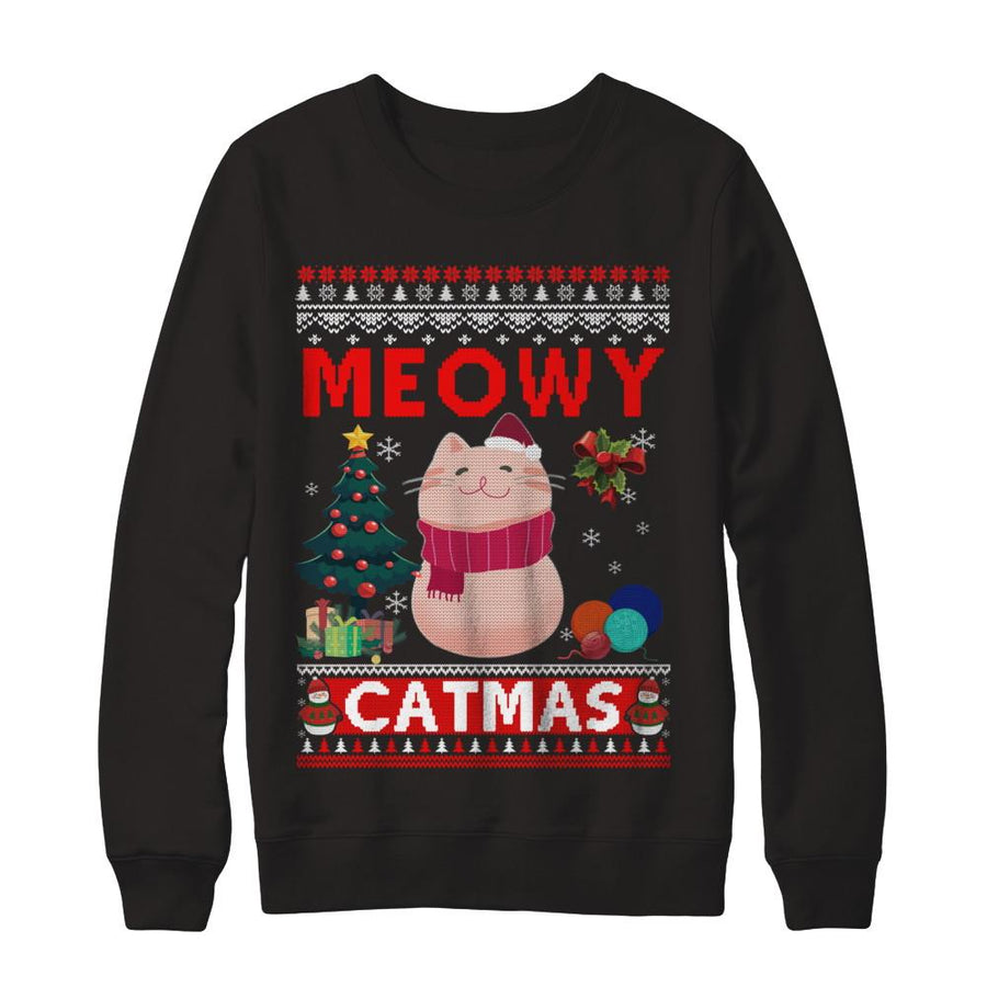 Meowy Catmas Ugly Sweater Cat Christmas-T-Shirt & Sweatshirt-Crewneck Sweatshirt-Black