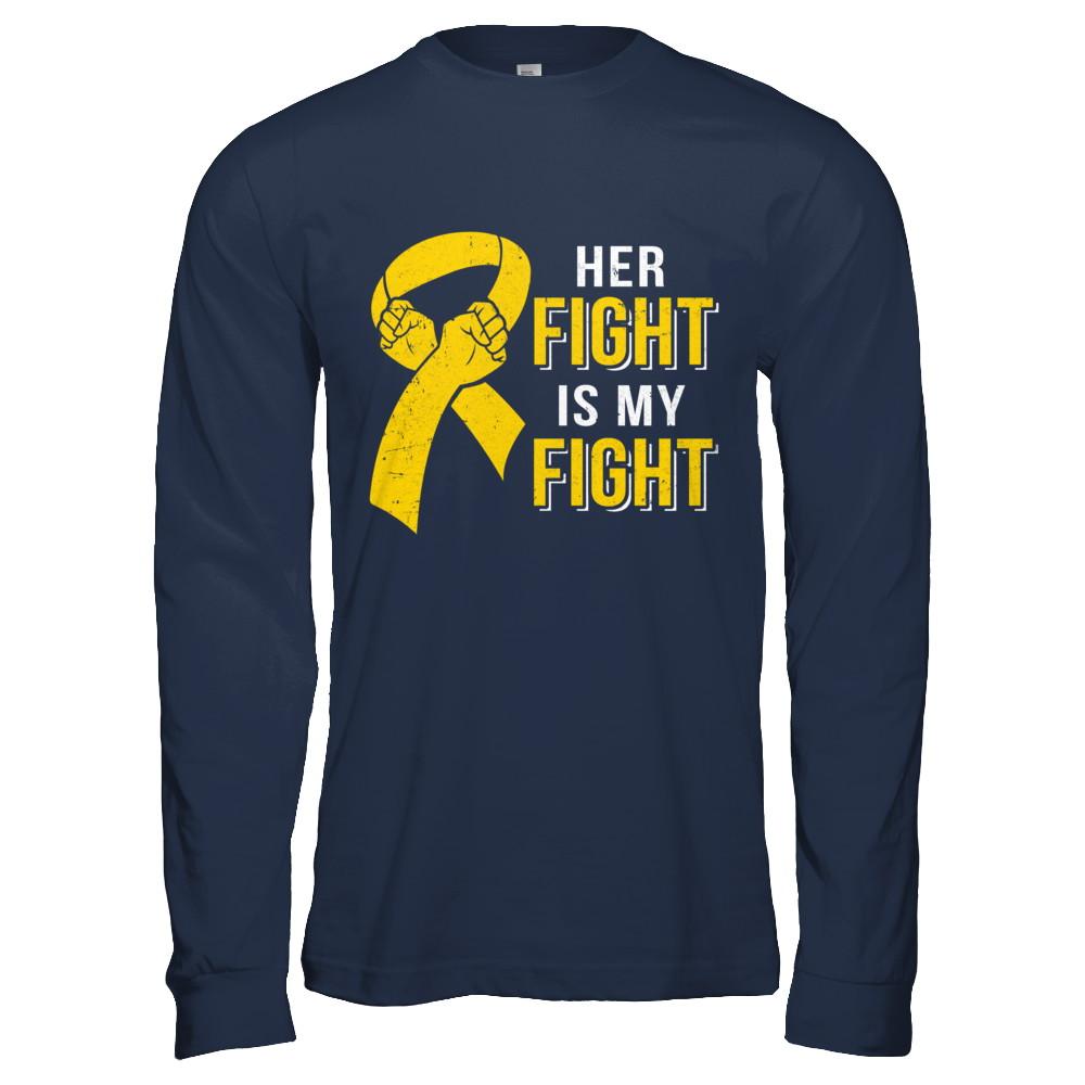 Her Fight Is My Fight Childhood Cancer Yellow Ribbon-T-Shirt & Hoodie-Long Sleeve T-Shirt-Navy