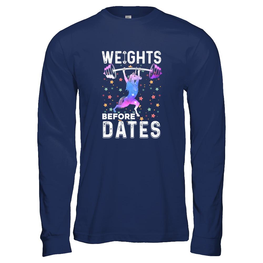 Weights Before Dates Unicorn Gym Weight Lifting-T-Shirt & Tank Top-Long Sleeve T-Shirt-Navy