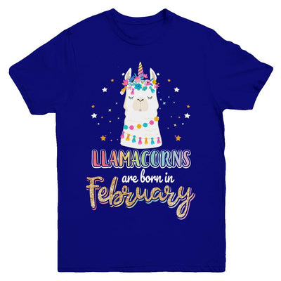 Llama Unicorn Llamacorns Born In February Birthday Gift Youth-Youth Shirt-Youth T-Shirt-Navy