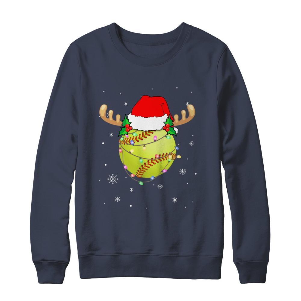 Santa Hat Softball Reindeer Christmas Gifts-T-Shirt & Sweatshirt-Crewneck Sweatshirt-Navy