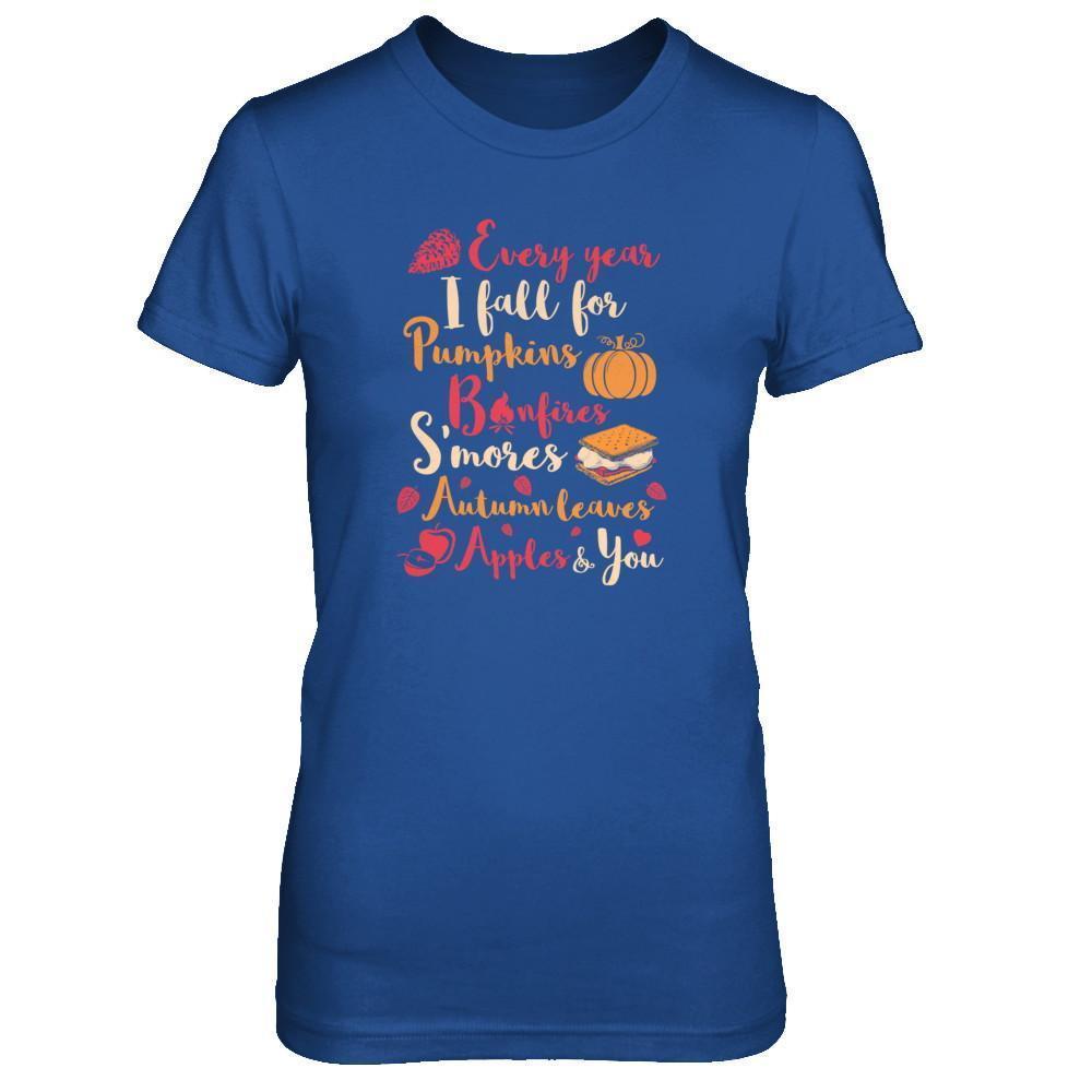 Every Year I Fall For Pumpkins Bonfires S'mores Autumn-T-Shirt & Tank Top-Women's T-Shirt-Royal