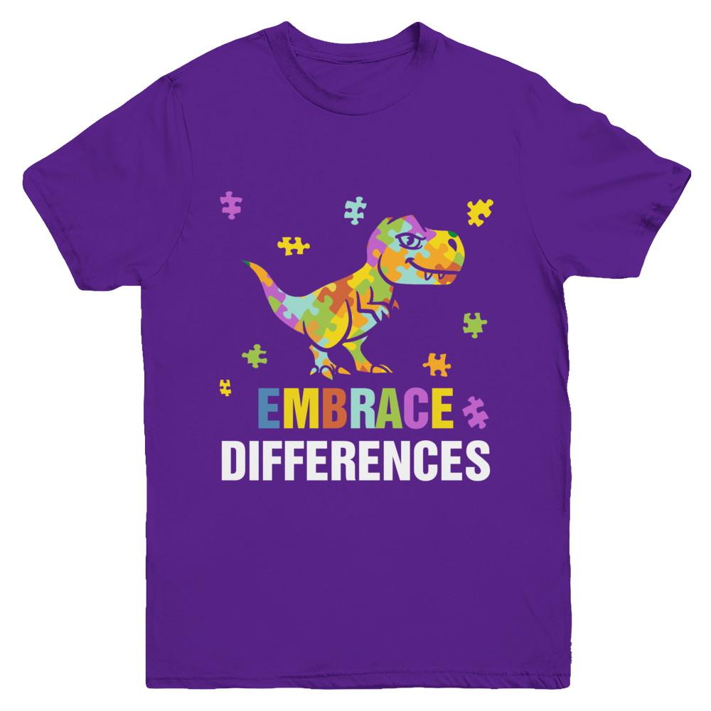 Autism Awareness Puzzle Piece Dinosaur Embrace Differences Youth-Youth Shirt-