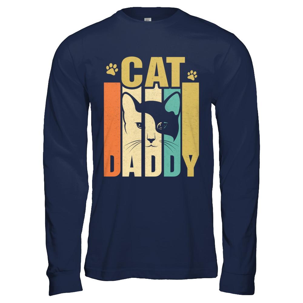 Retro Vintage Daddy Cat Father's Day Gift-T-Shirt & Hoodie-Long Sleeve T-Shirt-Navy
