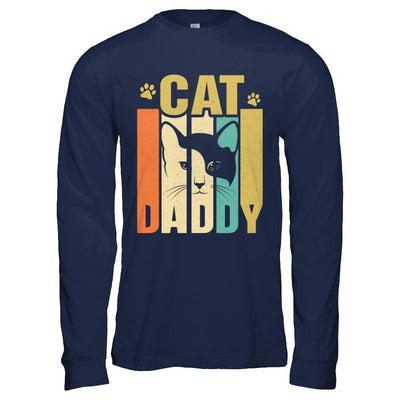 Retro Vintage Daddy Cat Father's Day Gift-T-Shirt & Hoodie-Long Sleeve T-Shirt-Navy