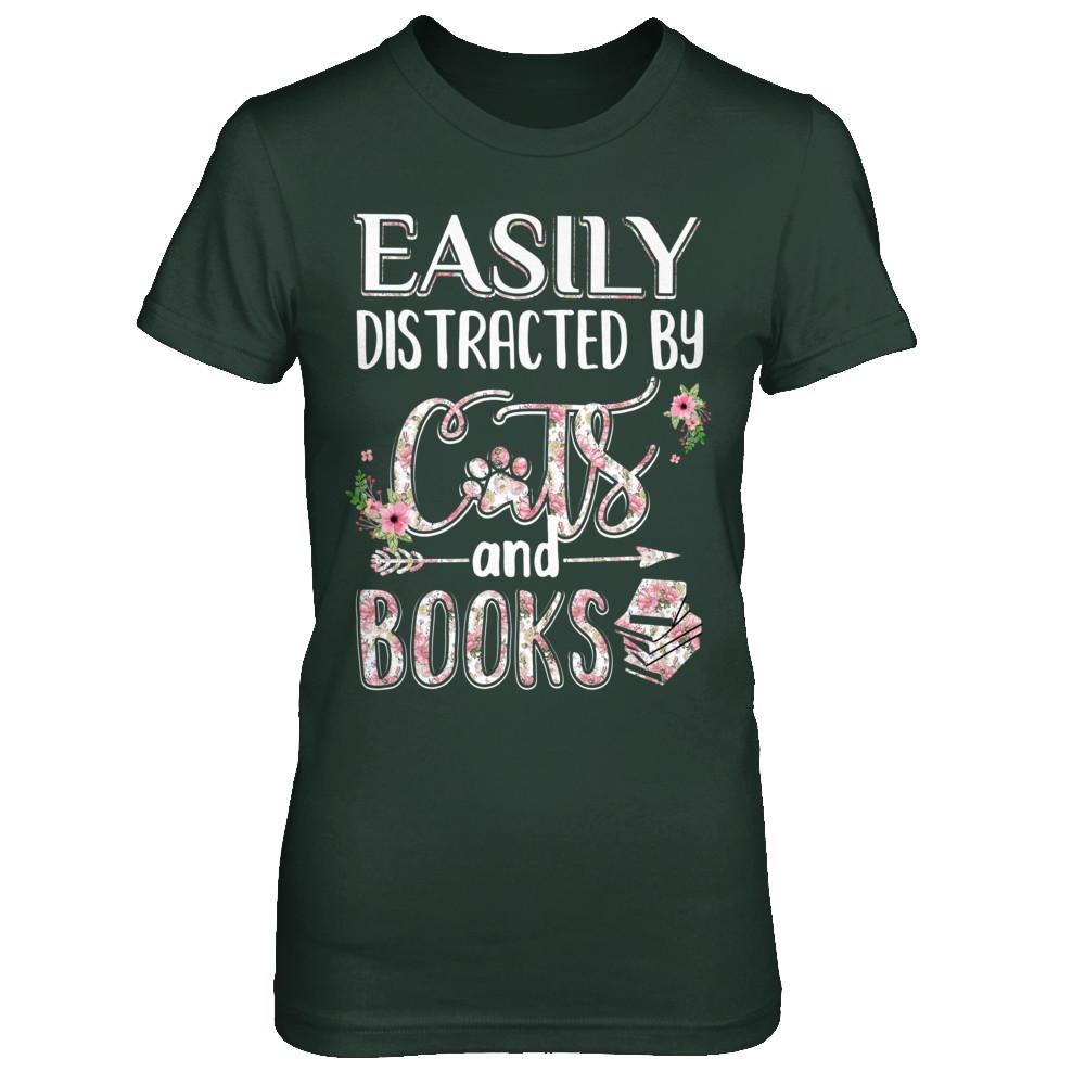 Easily Distracted By Cats And Books-T-Shirt & Hoodie-Women's T-Shirt-Forest Green