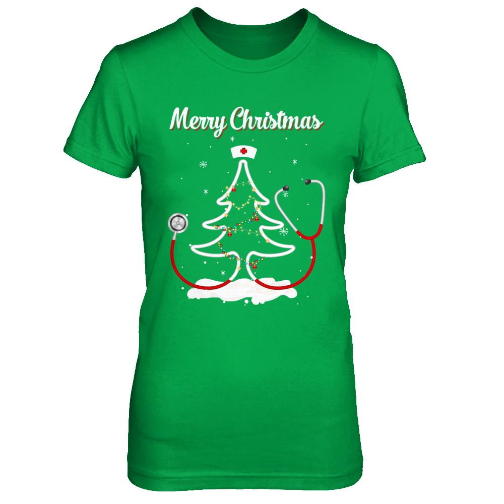 Merry Christmas Stethoscope Nurse Christmas Tree Xmas-T-Shirt & Sweatshirt-Women's T-Shirt-Irish Green