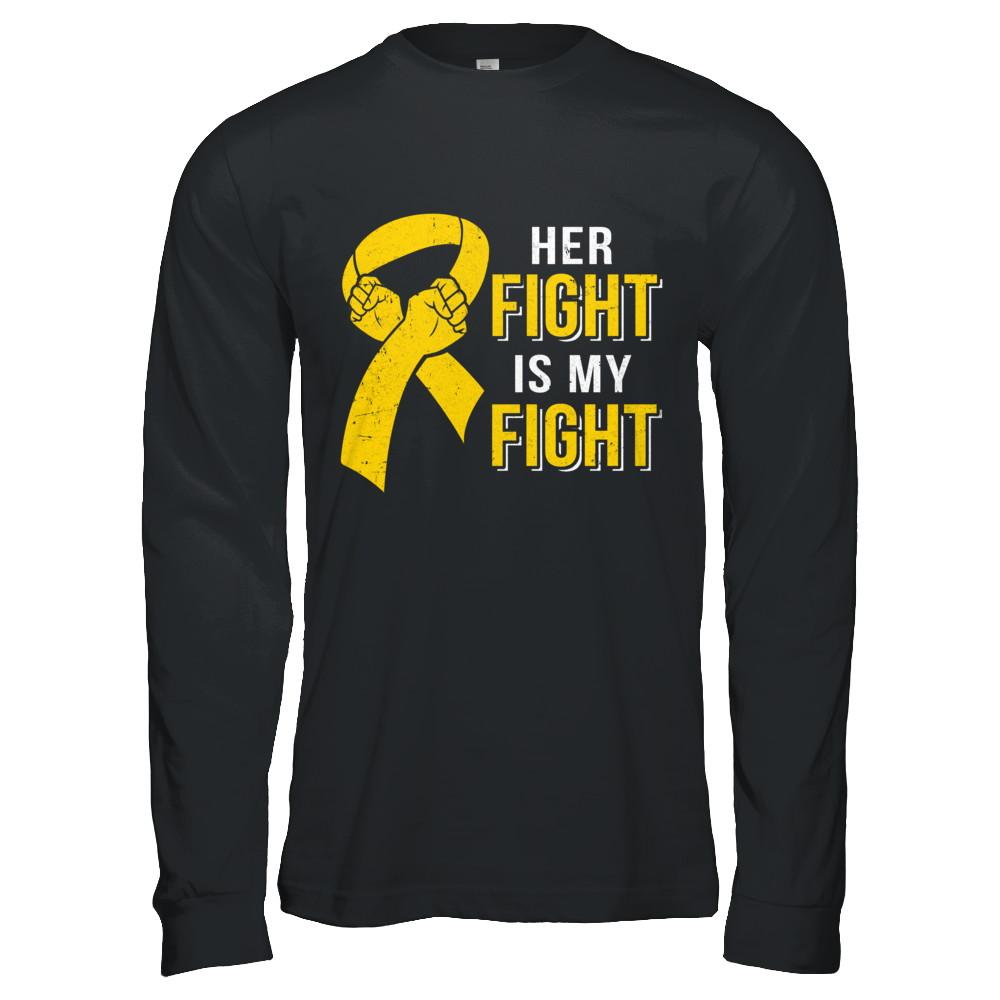Her Fight Is My Fight Childhood Cancer Yellow Ribbon-T-Shirt & Hoodie-Long Sleeve T-Shirt-Black