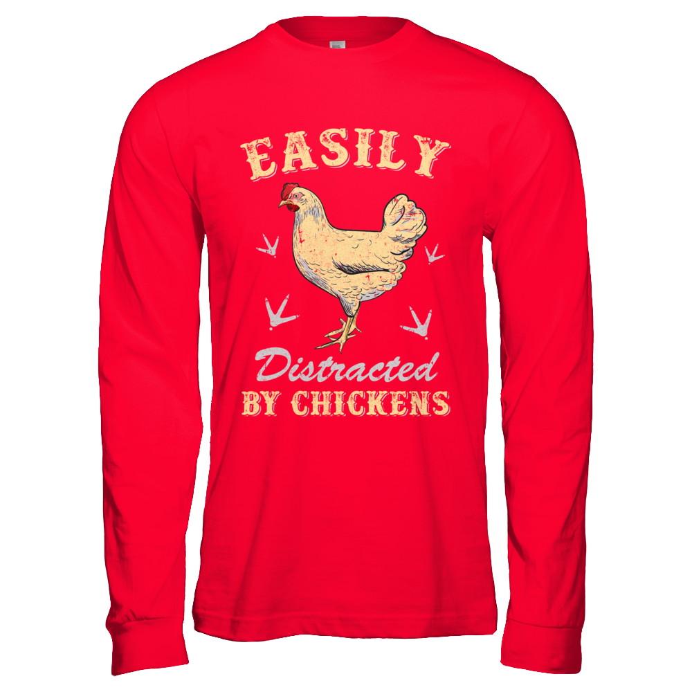 Easily Distracted By Chickens Farmers-T-Shirt & Hoodie-Long Sleeve T-Shirt-Red