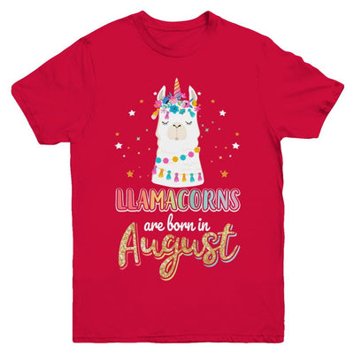 Llama Unicorn Llamacorns Born In August Birthday Gift Youth-Youth Shirt-Youth T-Shirt-Red