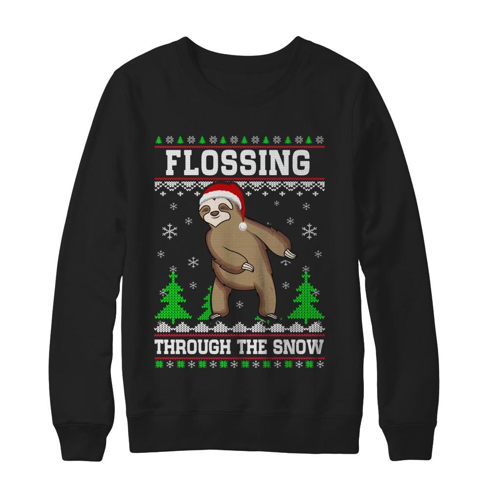Funny Flossing Sloth Ugly Christmas Sweater Flossin'-T-Shirt & Sweatshirt-Crewneck Sweatshirt-Black