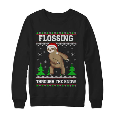 Funny Flossing Sloth Ugly Christmas Sweater Flossin'-T-Shirt & Sweatshirt-Crewneck Sweatshirt-Black