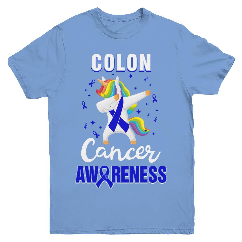 Inspirational Colon Cancer Awareness Unicorn Support Youth-Youth Shirt-Youth T-Shirt-Carolina Blue