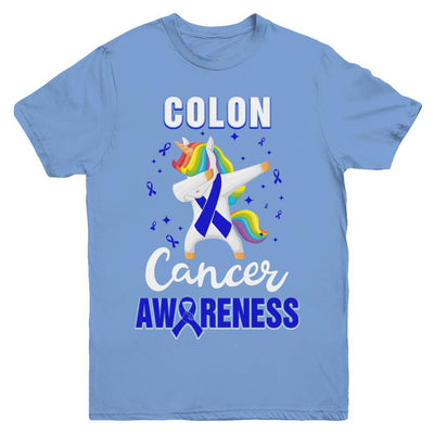 Inspirational Colon Cancer Awareness Unicorn Support Youth-Youth Shirt-Youth T-Shirt-Carolina Blue