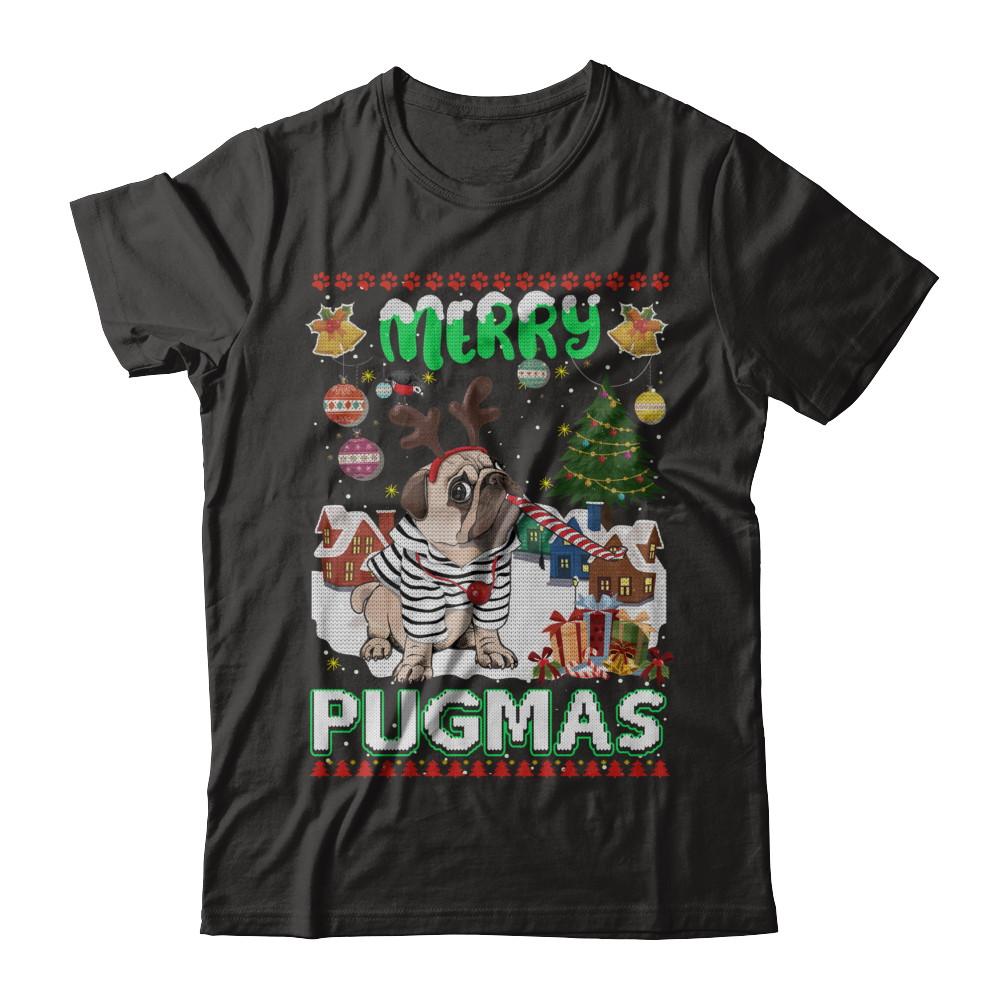Cute Pug Christmas Merry Pugmas Ugly Sweater Christmas-T-Shirt & Sweatshirt-Premium T-Shirt-Black