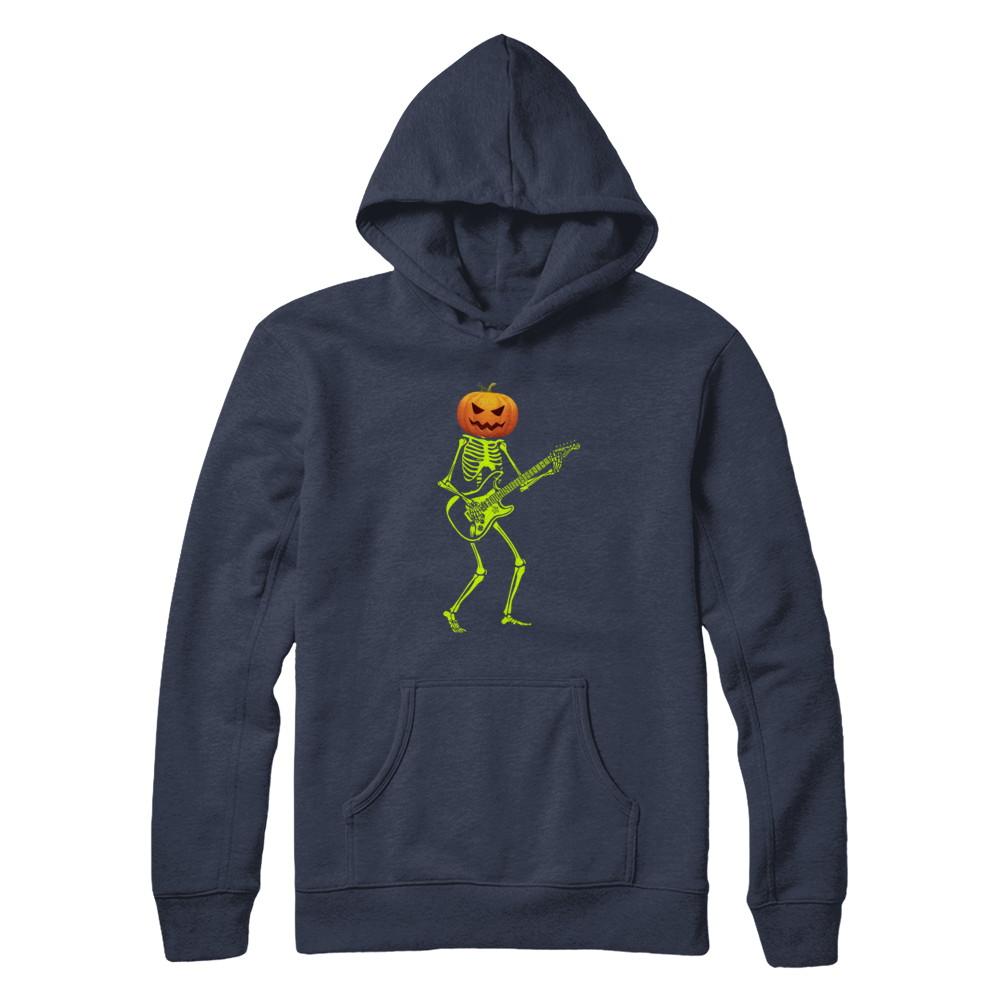 Pumpkin Skeleton Play Guitar Luminous Costume Halloween-T-Shirt & Hoodie-Pullover Hoodie-Navy
