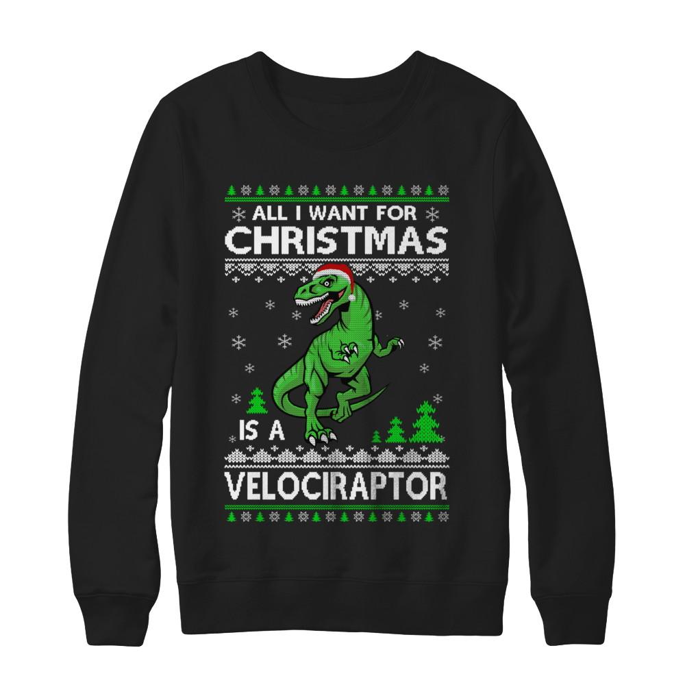 Funny Velociraptor Dinosaur Christmas Ugly Sweater-T-Shirt & Sweatshirt-Crewneck Sweatshirt-Black
