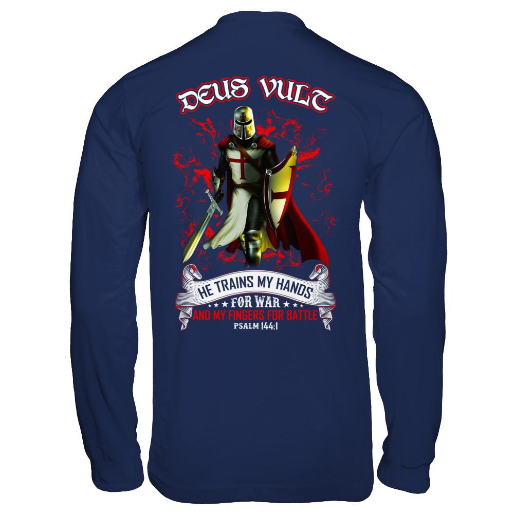 Knight Templar Deus Vult He Trains My Hands For War-T-Shirt & Hoodie-Long Sleeve T-Shirt-Navy