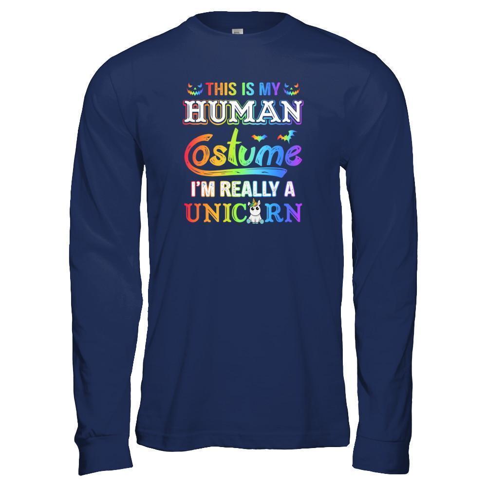 Halloween This Is My Human Costume I'm Really A Unicorn-T-Shirt & Tank Top-Long Sleeve T-Shirt-Navy