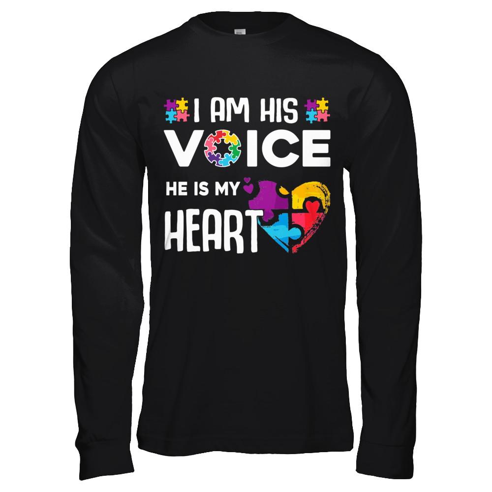 Autism Awareness I Am His Voice He Is My Heart Autism Mom-T-Shirt & Hoodie-Long Sleeve T-Shirt-Black