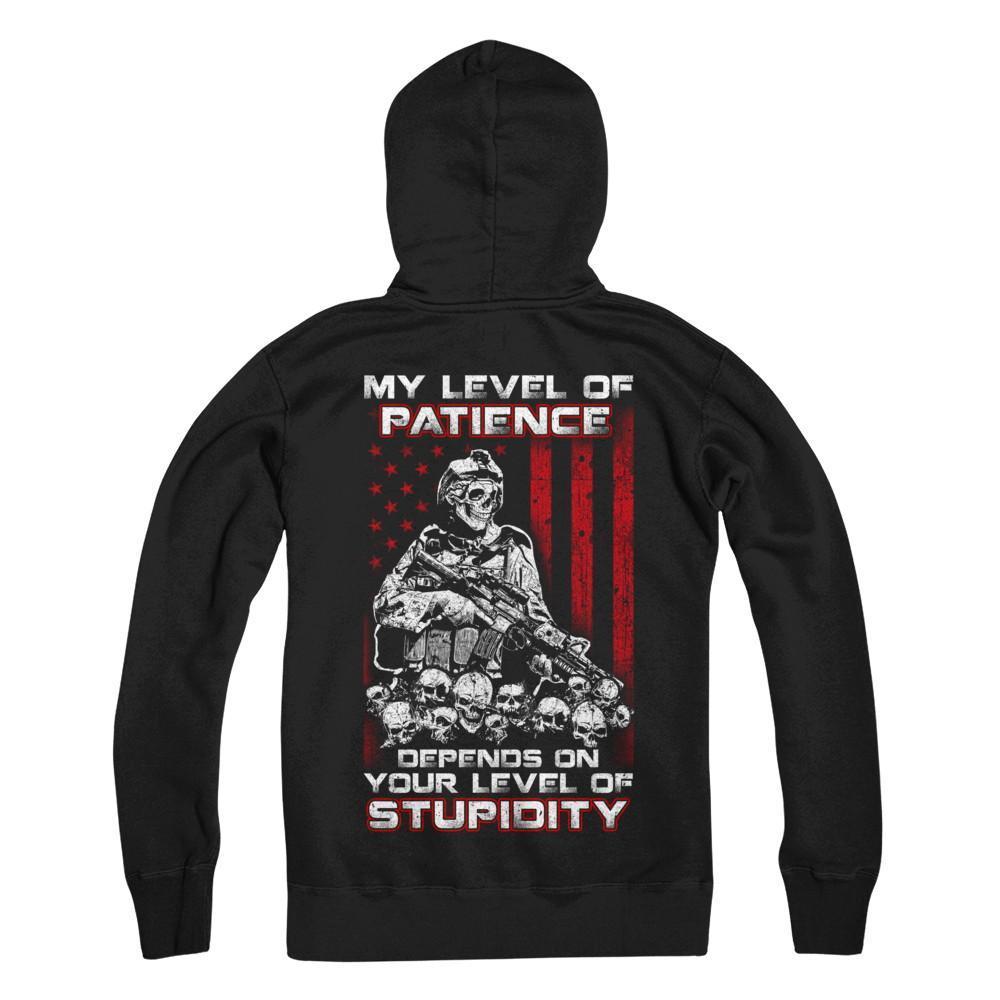Veteran Men My Level Of Patience Depends On Your Level Of Stupidity-T-Shirt & Hoodie-Pullover Hoodie-Black