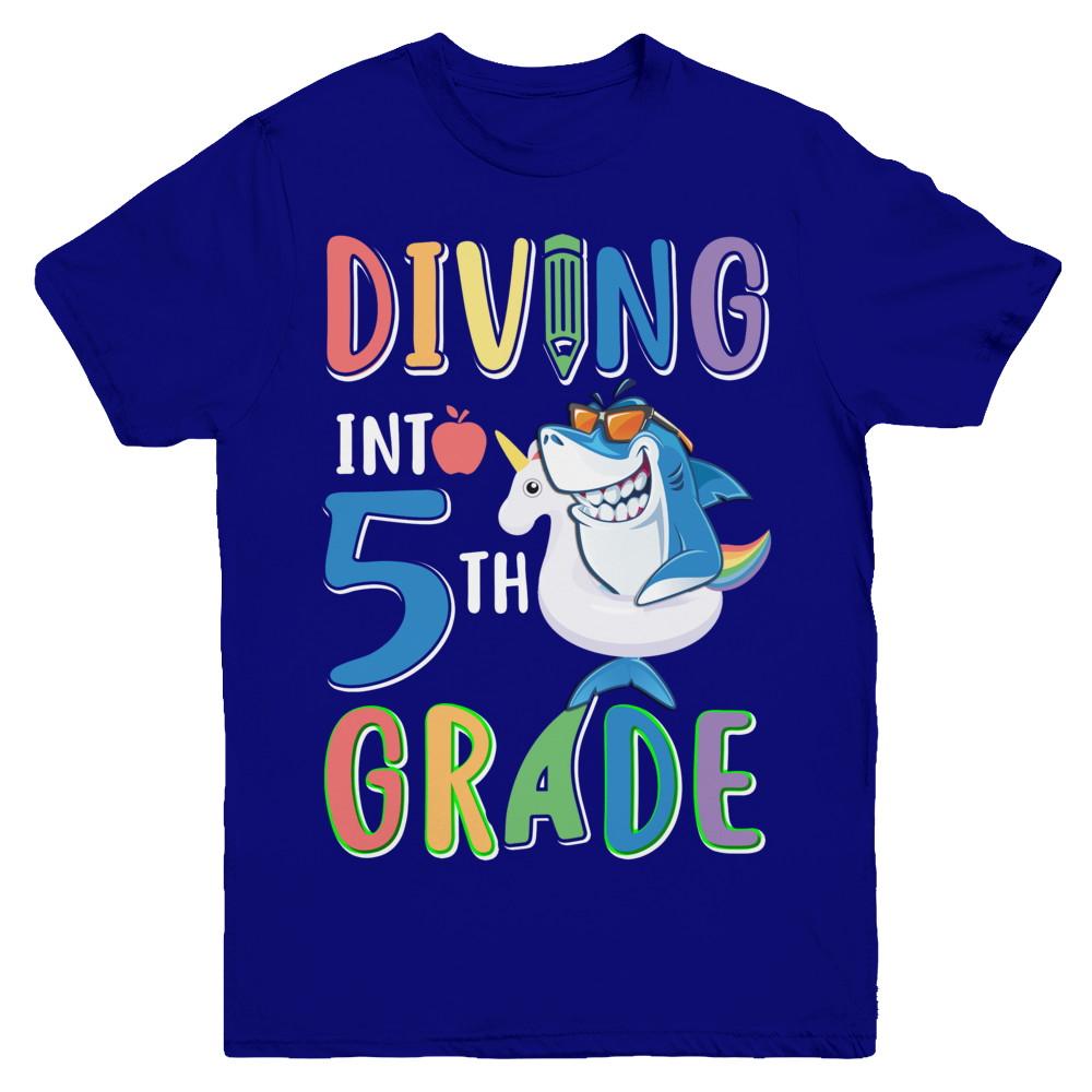 Diving Into 5th Grade Back To School Shark Youth-Youth Shirt-Youth T-Shirt-Navy