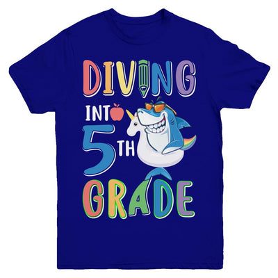 Diving Into 5th Grade Back To School Shark Youth-Youth Shirt-Youth T-Shirt-Navy