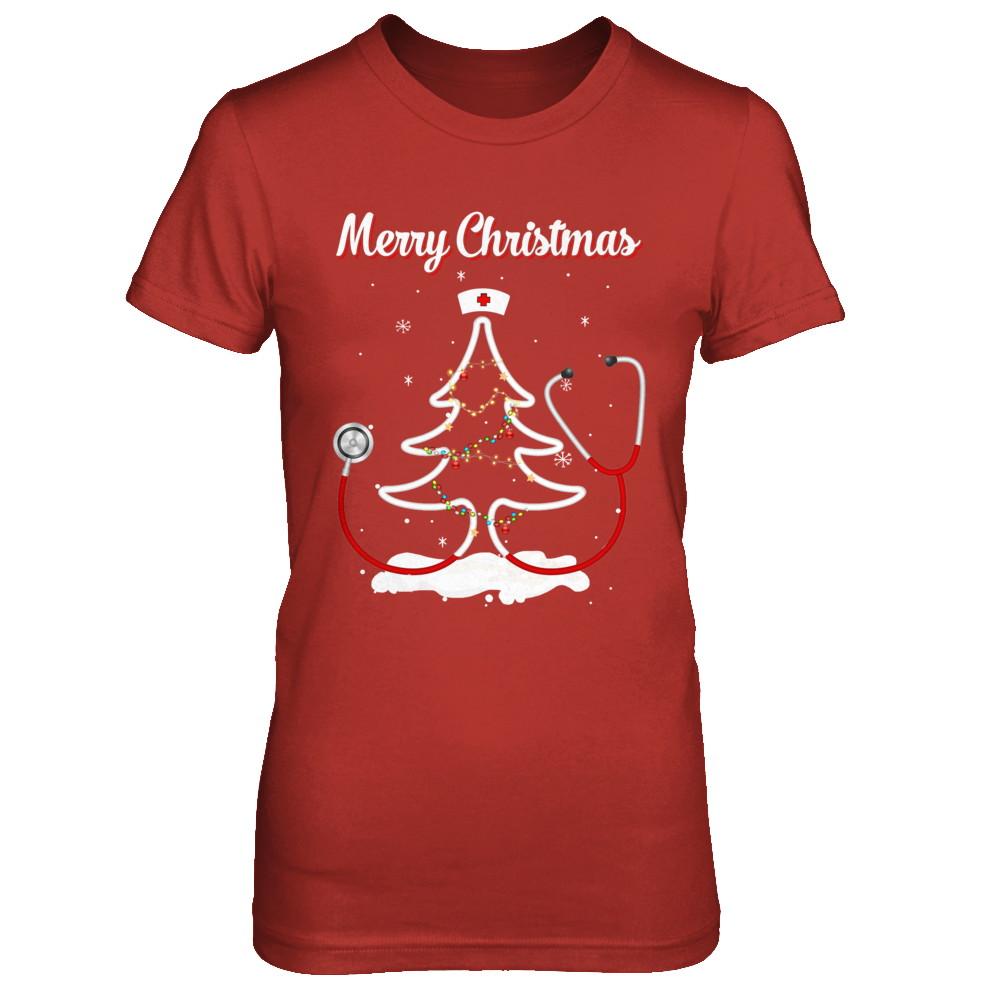 Merry Christmas Stethoscope Nurse Christmas Tree Xmas-T-Shirt & Sweatshirt-Women's T-Shirt-Red