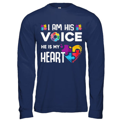 Autism Awareness I Am His Voice He Is My Heart Autism Mom-T-Shirt & Hoodie-Long Sleeve T-Shirt-Navy