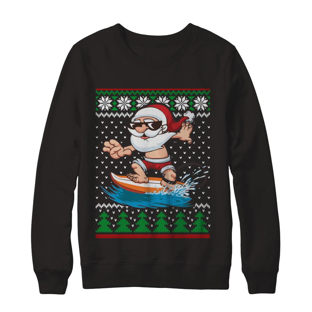 Santa Surfing Hawaiian Summer Christmas Ugly Sweater-T-Shirt & Sweatshirt-Crewneck Sweatshirt-Black