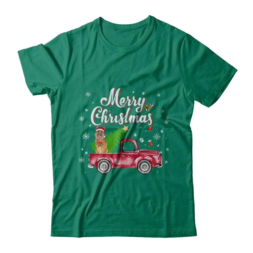 German Shepherd Retriever Rides Red Truck Christmas Pajama-T-Shirt & Sweatshirt-Classic T-Shirt-Kelly Green