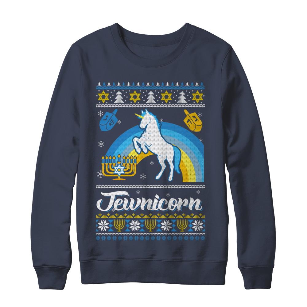 Funny Ugly Hanukkah Sweater Unicorn Jewnicorn-T-Shirt & Sweatshirt-Crewneck Sweatshirt-Navy