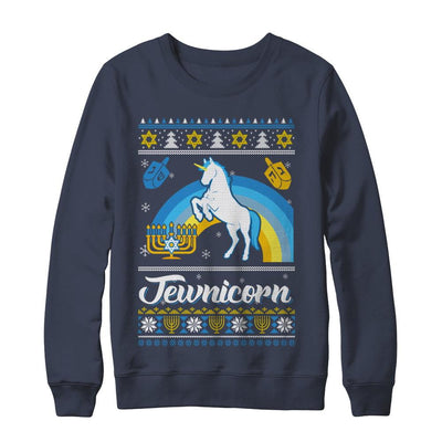 Funny Ugly Hanukkah Sweater Unicorn Jewnicorn-T-Shirt & Sweatshirt-Crewneck Sweatshirt-Navy