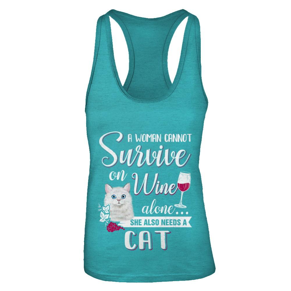 A Woman Can't Survive On Wine Alone Cat-T-Shirt & Tank Top-Women's Ideal Racerback Tank-Tahiti Blue