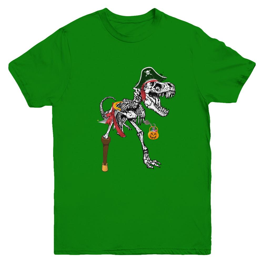 Dinosaurs T-Rex Skeleton Pirate Halloween Saurus For Kids Youth-Youth Shirt-Youth T-Shirt-Irish Green