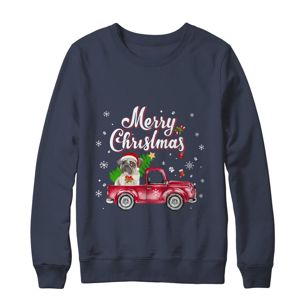 Pug Retriever Rides Red Truck Christmas Pajama-T-Shirt & Sweatshirt-Crewneck Sweatshirt-Navy