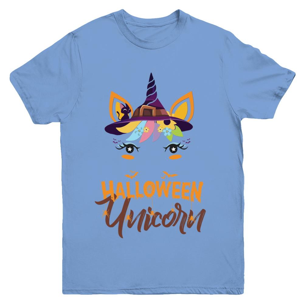 Halloween Costume Unicorn Witch Bats Youth-Youth Shirt-Youth T-Shirt-Carolina Blue