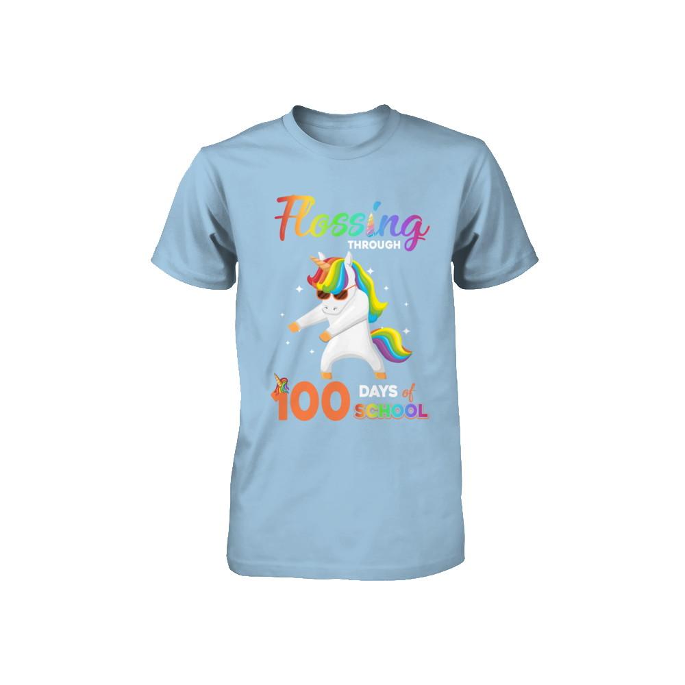 Flossing through 100 Days of School Unicorn Girl Youth-Youth Shirt-Toddler T-Shirt-Light Blue