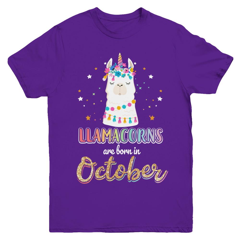 Llama Unicorn Llamacorns Born In October Birthday Gift Youth-Youth Shirt-Youth T-Shirt-Purple