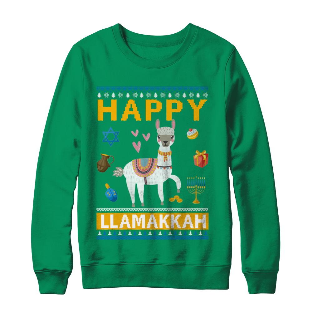 Happy Llama Llamakkah Hanukkah Ugly Sweater-T-Shirt & Sweatshirt-Crewneck Sweatshirt-Irish Green