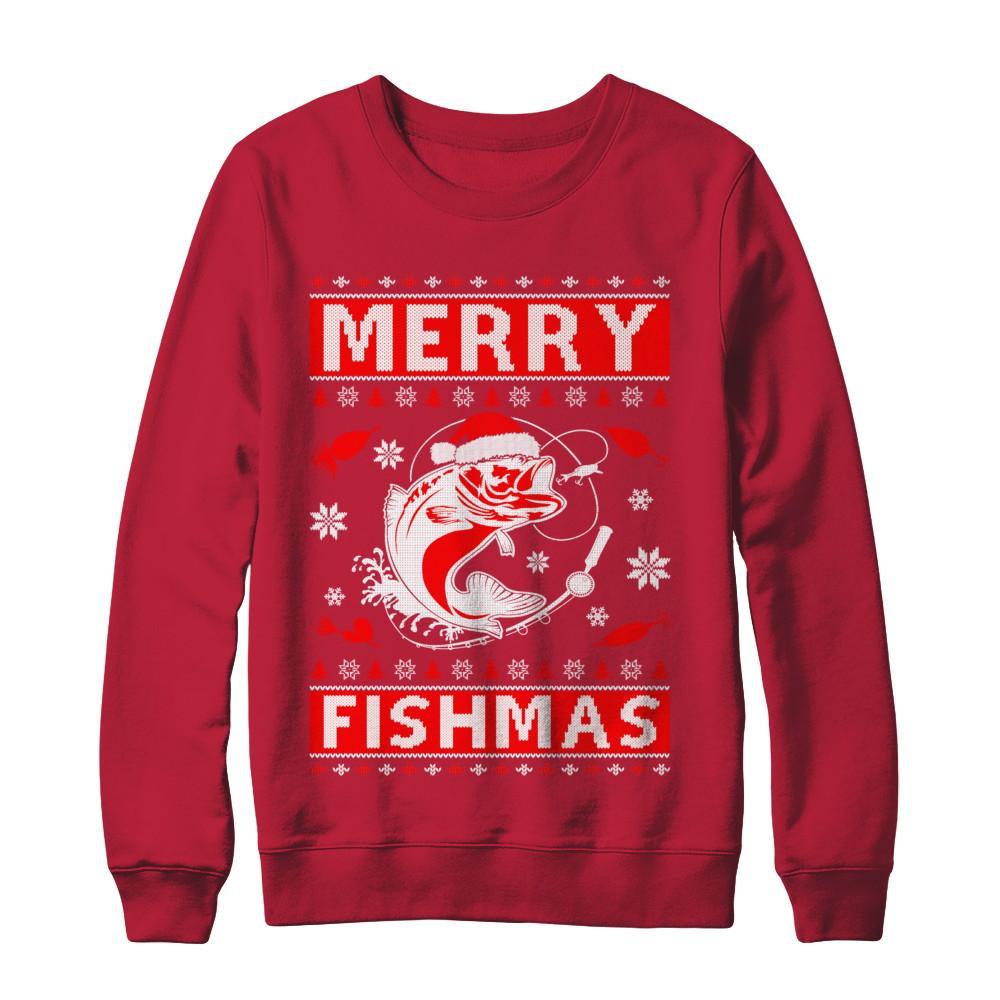 Merry Fishmas Fishing Fish Christmas Sweater-T-Shirt & Sweatshirt-Crewneck Sweatshirt-Red