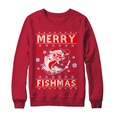 Merry Fishmas Fishing Fish Christmas Sweater-T-Shirt & Sweatshirt-Crewneck Sweatshirt-Red