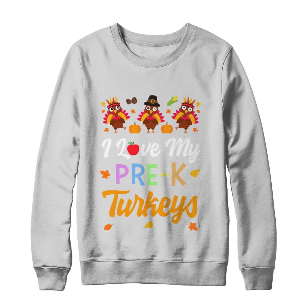 I Love My Pre-K Turkeys Pumpkin Student School Teacher-T-Shirt & Sweatshirt-Crewneck Sweatshirt-White