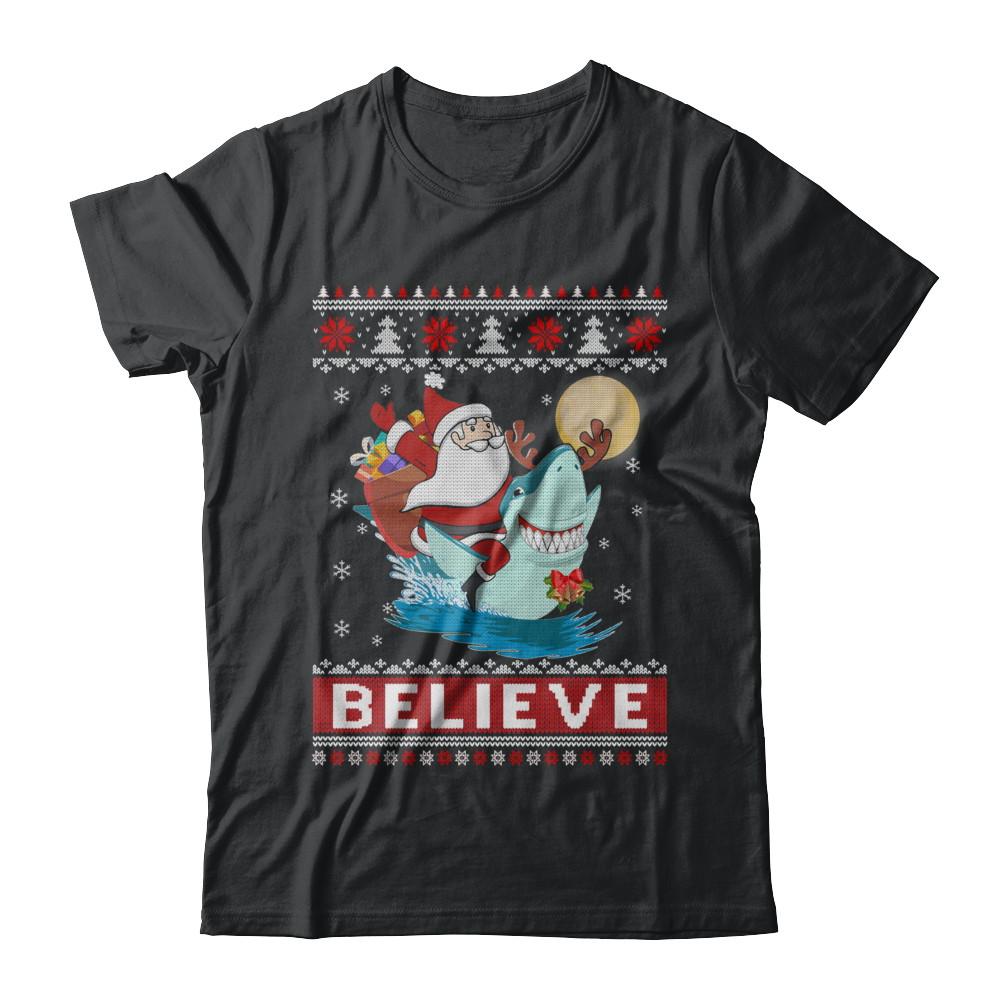 Believe In Santa Riding Shark Ugly Christmas Sweater