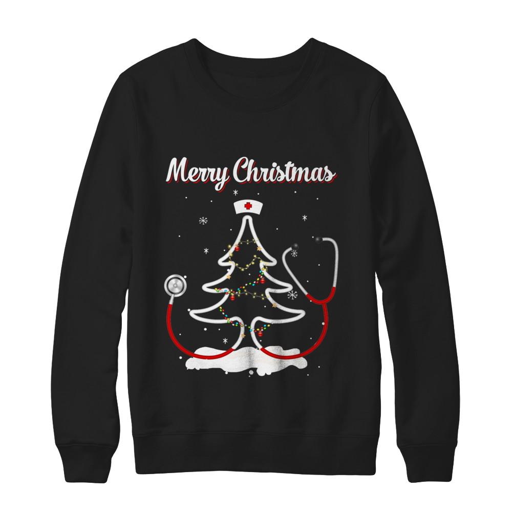 Merry Christmas Stethoscope Nurse Christmas Tree Xmas-T-Shirt & Sweatshirt-Crewneck Sweatshirt-Black