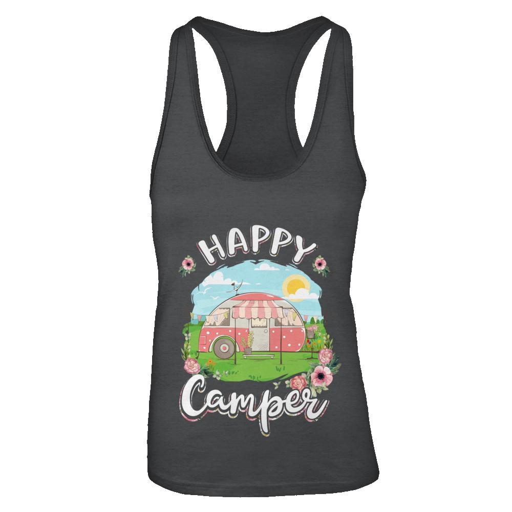 Happy Camper Flower Funny Camping Girl Gifts-T-Shirt & Tank Top-Women's Ideal Racerback Tank-Black