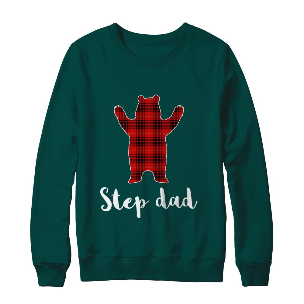 Red Step Dad Bear Buffalo Plaid Family Christmas Pajamas-T-Shirt & Sweatshirt-Crewneck Sweatshirt-Deep Forest