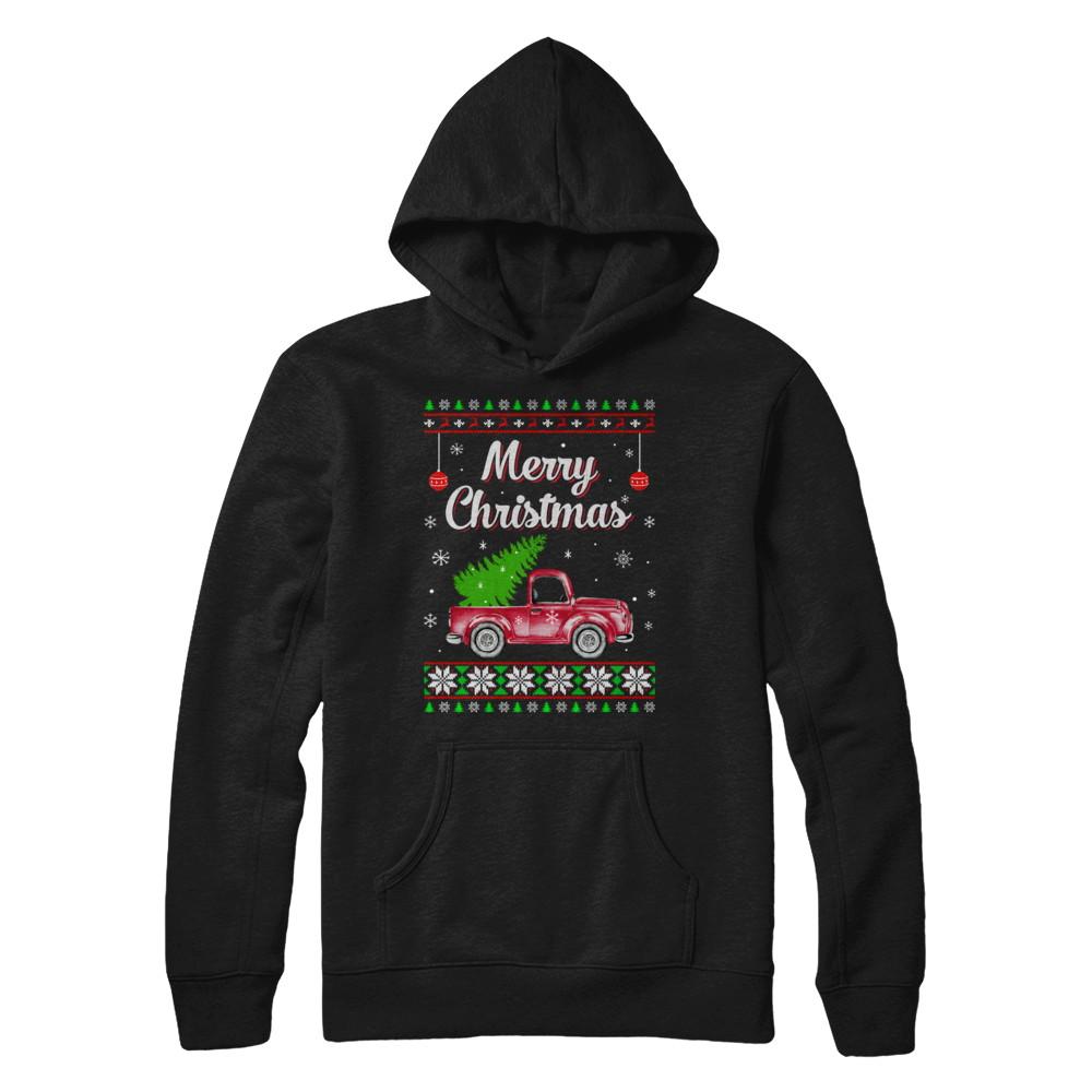 Snow Tree Truck Merry Christmas Ugly Sweater-T-Shirt & Sweatshirt-Pullover Hoodie-Black
